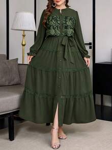 Reflora Plus Size Vacation Fashion Lace Patchwork Flared Cuff Button Dress Autumn Formal Wedding Dinner Dark Green Elegant Asean Filipiniana - Green - View 3