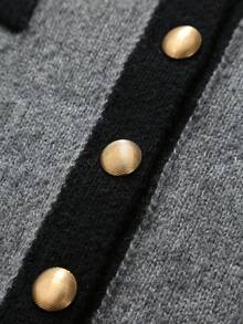 GlowEve CURVE Plus Size Women's Long Sleeve Gold Button Contrast Trim Knit Cardigan - Grey - View 5