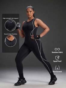 Powerista Women's Plus Size Seamless Front Zipper Black With White Line Decor Tank Top & Cropped Leggings Sports Jumpsuit - Mint Green - View 3