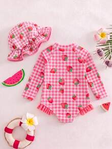 SHEIN Baby Girls Cute Strawberry Print Colorblock Long Sleeve One-Piece Swimsuit And Colorblock Patchwork Bucket Hat Set, Suitable For Beach, Sand, And Pool - Pink - View 2