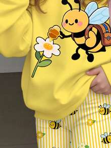 少女休閒極簡可愛蜜蜂圖案、花卉田園風、蛋黃色、寬鬆圓領長袖衛衣與喇叭褲2件套，適合秋冬，舒適秋冬風格，復古、卡哇伊、可愛 - 彩色 - 查看 5