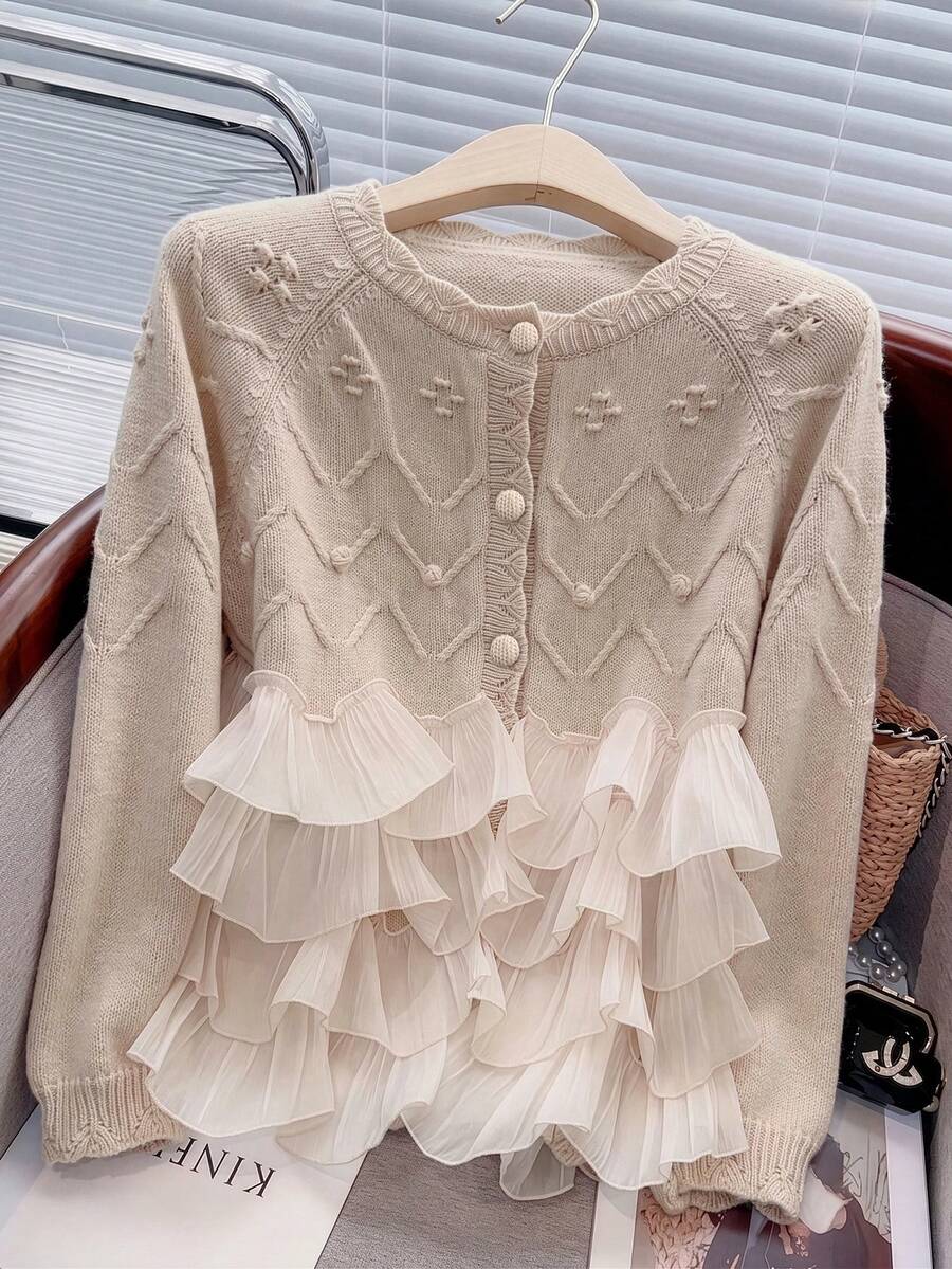 GlowEve CURVE Cardigan Kasual Serbaguna untuk Wanita Ukuran Plus dengan Motif Patchwork Jala, Cocok untuk Aktivitas Sehari-hari - Aprikot - View 1