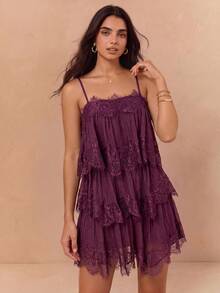 Enchnt Women's French Sweet Boho Elegant Lace Patchwork Camisole Dress Vacation Party Dark Purple Summer - Red Violet - View 4