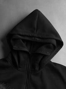 PAVTROS Men's Rhinestone Embellished Casual Pocket Long Sleeve Hooded Jacket - Black - View 4