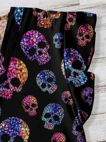Mellowie Halloween Colorful Skull Print Plus Size Casual V-Neck Ruffle Blouse, Suitable For Summer, Party - Multicolor - View 4