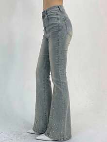 DAZY Women's Rhinestone Embellished Korean Style Flared Petite Jeans Petite - Blue - View 2