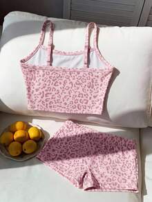 SHEIN EZwear 夏季復古粉色豹紋修身短版吊帶上衣與短褲套裝，夏季穿搭，適合日常通勤、約會、派對、秋冬/夏季、聖誕節、新年、感恩節、派對、婚禮、海灘、畢業、時尚、優雅、休閒、外出、約會、預約、通勤、亮麗、情人節 - 彩色 - 查看 2
