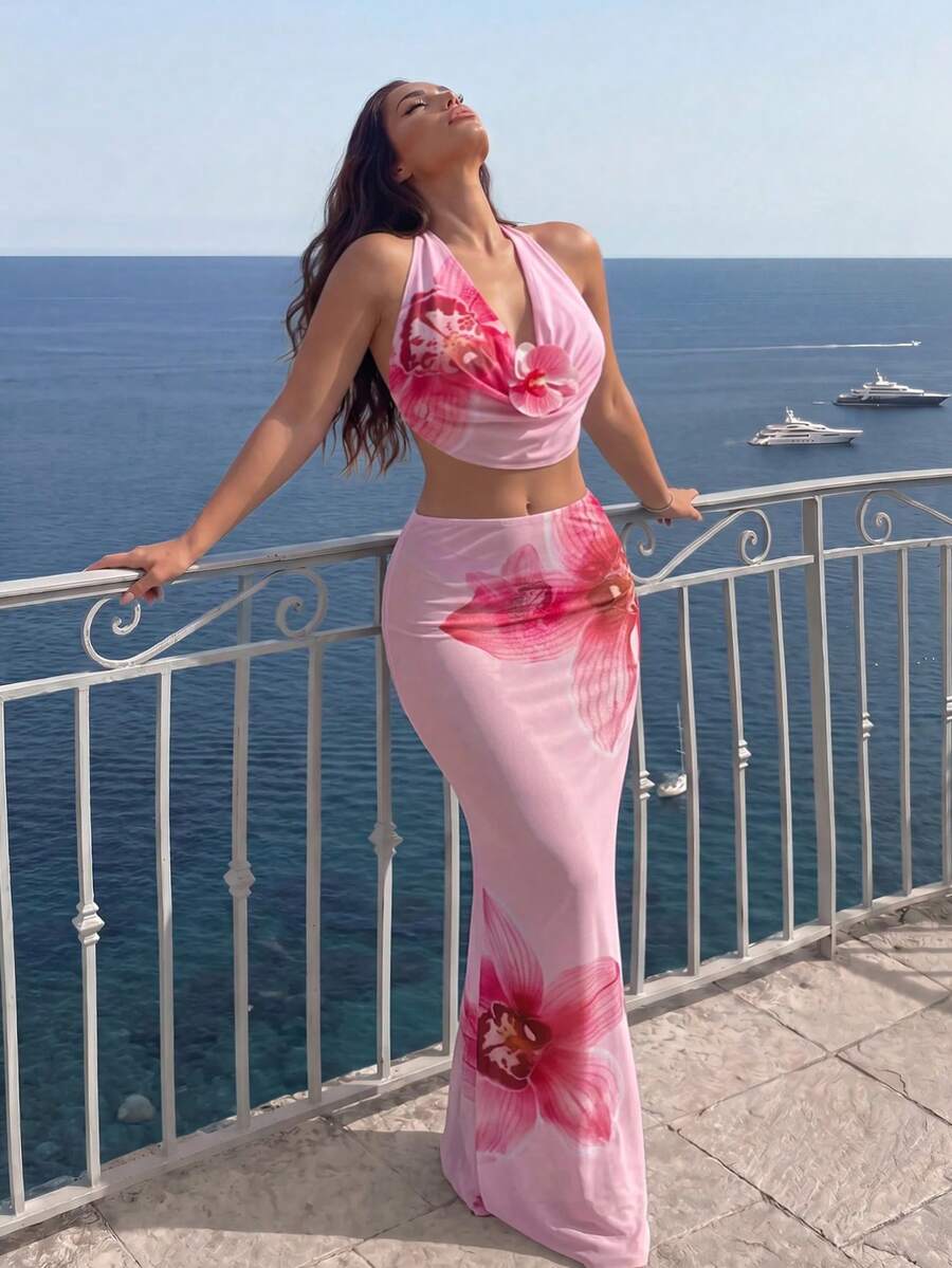 Swim Oasis 3 件套女士度假花卉泳装,时尚性感深垂颈带吊带比基尼短款上衣和迷你裙套装 - 粉色 - 查看 1
