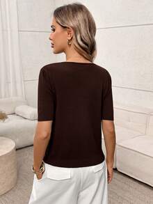 Easowa Top de punto de cuello en V liso para otoño/invierno - Marrón - Ver 4