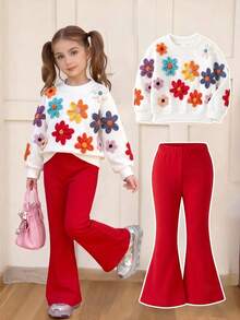 SHEIN Setelan Kasual untuk Anak Perempuan: Sweatshirt Lengan Panjang Motif Bunga dan Celana Flare - MultiWarna - View 1