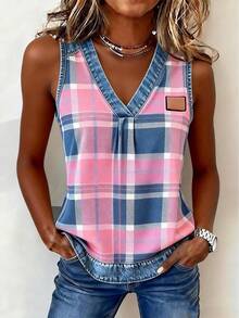 EMERY ROSE Women's V-Neck Patch Casual Versatile Daily Wear Top - Red - View 3