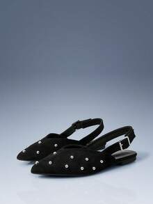 CUCCOO GRLICON Black Velvet Pointed Rivets Back Strap Flat-Soled Shoes Women's Retro Versatile And Thin Mary Jane Shoes Fall Shoes - Black - View 2