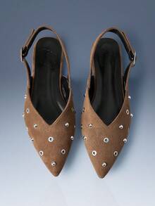 CUCCOO GRLICON Vintage Khaki Suede Pointed Flat Shoes Women's Rivets, Gas Eye Decoration, Rear Strap, Low Vamp Mary Jane Shoes - Khaki - View 6