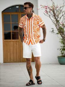 Manfinity Homme Plus Size Men's Vacation Floral Print Single-Breasted Shirt And Drawstring Waist Cargo Shorts Set - Multicolor - View 5
