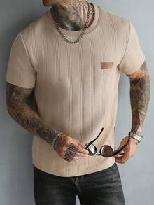 Manfinity CasualCool 男士紋理休閒短袖T恤，日常穿著，送給丈夫/男友的節日禮物 - 卡其色 - 查看 4