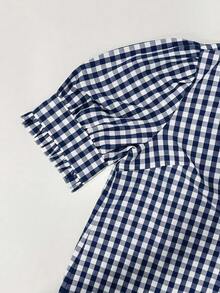Linhara 大尺碼女款夏季荷葉邊飾綠色格紋度假休閒風上衣，綠色格紋上衣格紋上衣 - 藏蓝色 - 查看 5