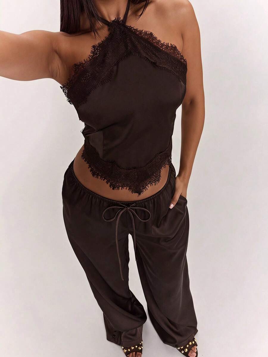 SHEIN BAE 女款夏季性感復古對比蕾絲掛脖上衣與PU長褲套裝 - 棕色 - 查看 1