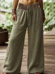 Holdful Holdful Women's Drawstring Waist Casual Versatile Daily Wear Wide Leg Pants - Army Green - View 3