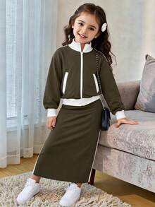 SHEIN Explorewe Young Girls Contrast Color Casual Sports Jacket Set, Suitable For Outdoor & School Wear - Grey - View 1