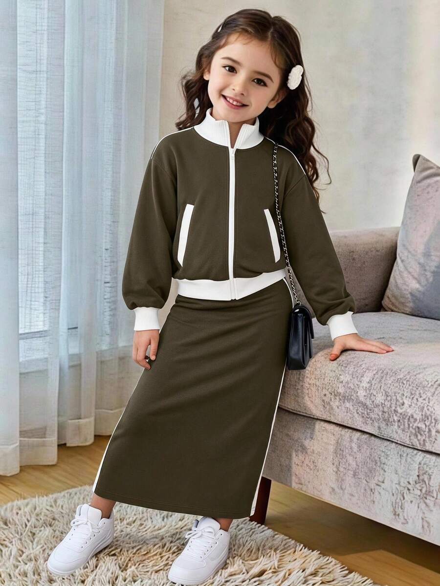 SHEIN Explorewe Young Girls Contrast Color Casual Sports Jacket Set, Suitable For Outdoor & School Wear - Grey - View 1