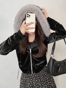 FRIFUL Sweatshirt Wanita Gaya Korea Musim Gugur Warna Polos dengan Kerah Bulu Besar - Hitam - View 5