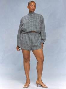 MUSERA Plus Size Cheque Print Shorts Summer Vacation Holiday Elegant Casual Girly Everyday Cute Soft Social Brunch Grey Club - Multicolor - View 2