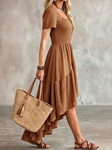 LanaWest Women's Solid Color Pleated Casual Daily Summer Dress - Chocolate Brown - View 4