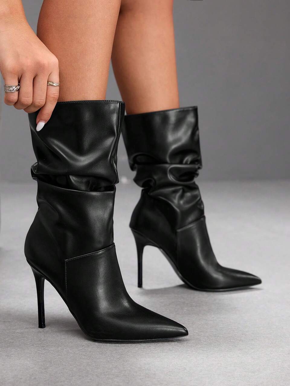 CUCCOO SZL Women's Black PU Leather Pointed Toe Stiletto Heel Slouchy Boots, Ruched Loose High Shaft Slimming Knee-High Fashion Boots For Autumn/Winter