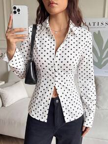 SHEIN EZwear 休閒極簡復古經典黑白波點印花女款修身長袖襯衫，前襟鈕扣設計，後腰繫帶，適合秋冬穿著 - 彩色 - 查看 5