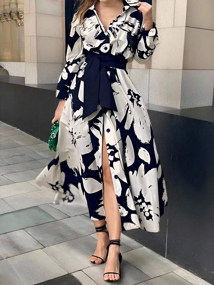 SHEIN Clasi 优雅休闲宽松系腰大花朵印花设计女式连衣裙 - 彩色 - 查看 1
