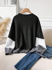 CosyJoli Plus Size Casual Cat Whisker Tassel Color Block Crew Neck Pullover Sweater/Winter - Black - View 2