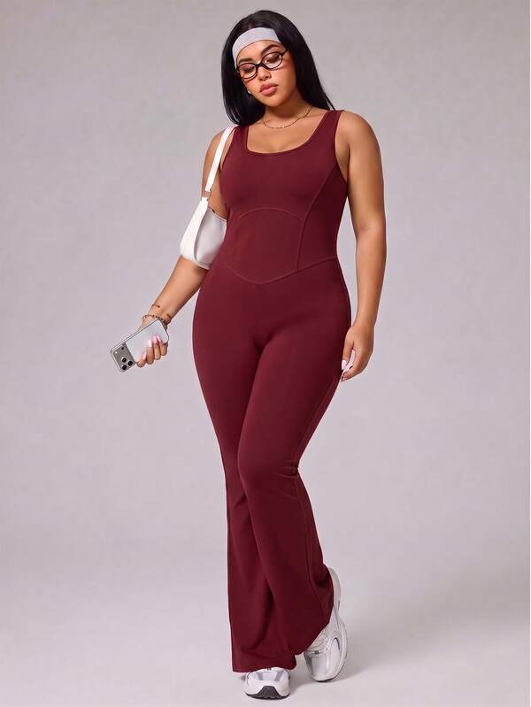 Slayform Spring Autumn Winter Plus Size Women's Sports Jumpsuit, Black Tight-Fitting U-Neck, Slimming Cut-Out Design, Large U-Back With Mesh Patchwork, Body-Hugging, Flattering, Tummy Control, Flare Leg, Suitable For Daily Casual, Running, Yoga, Gym, Tennis, Golf, Etc.