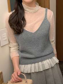 DAZY Solid Color Fitted Short Vest Casual Romantic Elegant Vacation Spring Autumn Top Women's Sweater Everyday Day Time Dusty Blue - Grey - View 3