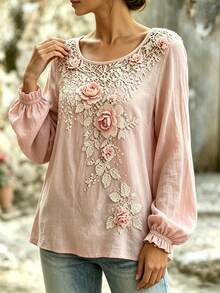 Breezaya Women's Round Neck Floral Pattern Casual Romantic Elegant Versatile Daily Wear Long Sleeve Top Date Rose Pink Autumn - Pink - View 4