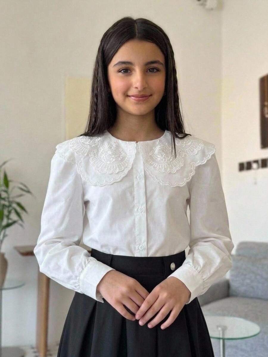 SHEIN Tween Girl Kids Loose Casual Minimalist Comfortable Daily Wear Academy White Frill Trim Petal Sleeve Elegant Ruffle Button-Front Layered Court Pattern Large Collar Blouse - White - View 1