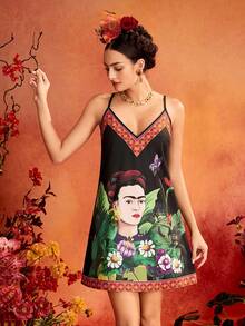 Glamance Frida Kahlo X SHEIN 黑色人像花卉印花V領細肩帶迷你洋裝，優雅成熟可愛休閒性感，適合外出、工作、辦公室、日常、派對、生日、度假、中東旅行、海灘、泳裝、夜晚外出、波希米亞風、開學季、夏季 - 黑色 - 查看 5