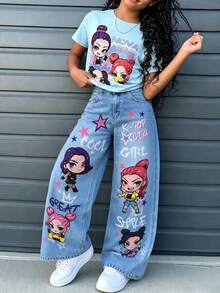 SHEIN 女童 T-shirt 套裝，紫色短袖圓領 T-shirt，附可愛卡通動漫印花與口袋，直筒長褲 2 件套，夏季兒童時尚穿搭，充滿活力夏日氛圍，適合旅行與上學 - 藍色 - 查看 5