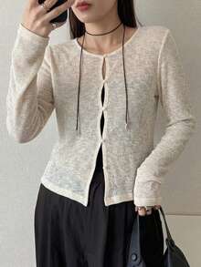 FRIFUL Women's Casual Versatile Solid Color Front Button Top Long Sleeve - Apricot - View 6