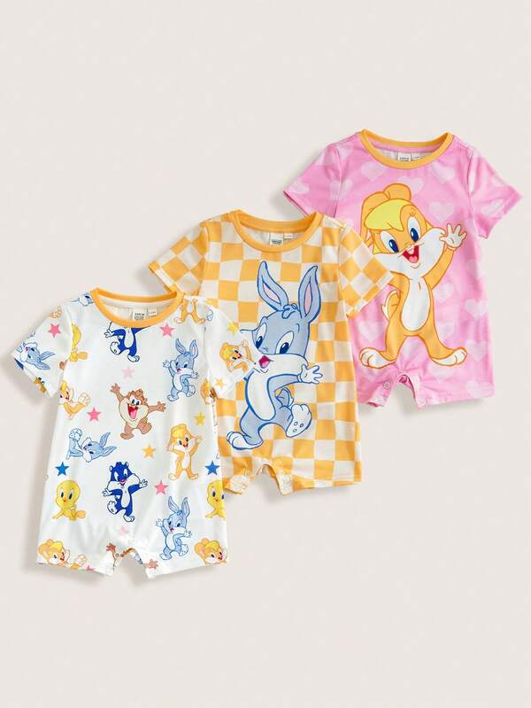 LOONEY TUNES X SHEIN Baby Girl Cartoon Print Round Neck Casual Short Sleeve Romper