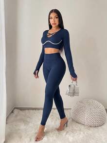 BamGleam Women's Cross Design Long Sleeve Cropped T-Shirt And Leggings Sports Set - Navy Blue - View 5