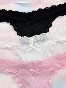 Eraneu 3 peças/Conjunto Calcinha Tanga Sexy Confortável Charmosa Colorida com Renda, Patchwork e Laço para Meninas - Multicolorido - Visão 4