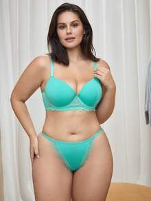 Bralution Conjunto de lencería sexy para uso diario para mujer talla grande con sujetador de tirantes ajustables con ribete de encaje y braguita triangular - verde menta - Ver 3