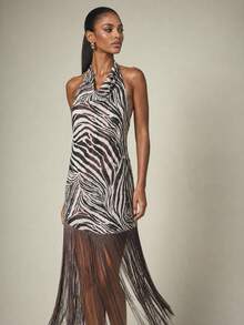 KSTM Zebra Print Halter Neck Cowl Asymmetrical Fringe Hem Midi Dress Summer Party Evening - Multicolor - View 1