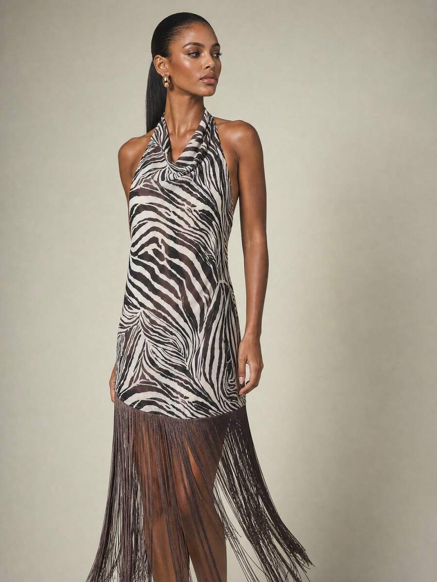 KSTM Zebra Print Halter Neck Cowl Asymmetrical Fringe Hem Midi Dress Summer Party Evening - Multicolor - View 1