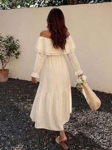 DAZY Autumn/Winter Ruffle Ruffle Long Sleeve Cinched Waist Hollow Embroidery Cotton Fabric Pastoral Style Women's Midi Dress - Apricot - View 2