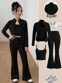 SHEIN 青少年女孩休閒長袖上衣與長褲三件套外套套裝，秋冬款 - 黑色 - 查看 1