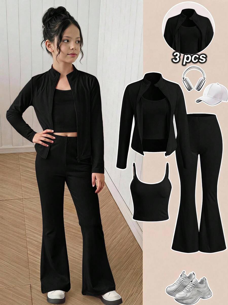 SHEIN 青少年女孩休閒長袖上衣與長褲三件套外套套裝，秋冬款 - 黑色 - 查看 1