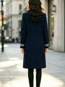 SHEIN Autumn/Winter Thick Navy Blue Wool Pocket Double-Breasted Long Sleeve Loose Casual Navy Style Wool Coat For Office And Outdoor - Navy Blue - View 3