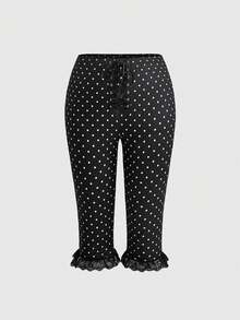 ROMWE Kawaii Vintage Plus Size Women's Polka Dot Tie-Up Flare Pants With Lace Ruffle Design, Street Sweet Cool Style - Black - View 1