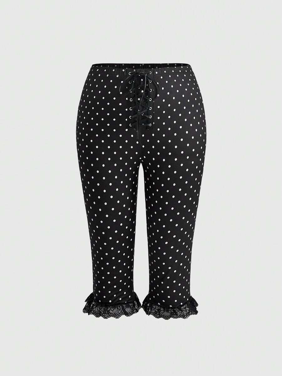 ROMWE Kawaii Vintage Plus Size Women's Polka Dot Tie-Up Flare Pants With Lace Ruffle Design, Street Sweet Cool Style - Black - View 1